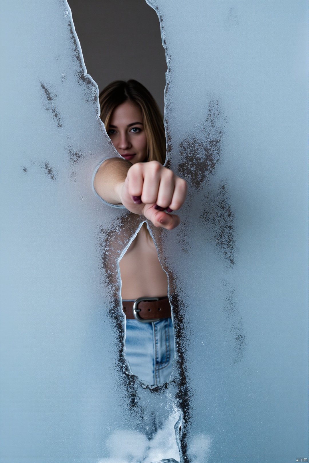 surreal art,  a woman dramatically punches through a cracked ice curtain that covers the screen and separates her from the...