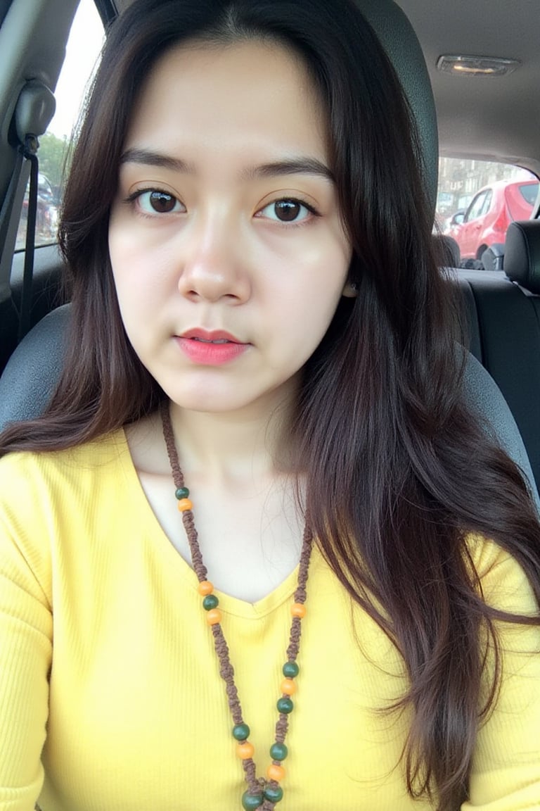 a woman with long dark brown hair,  wearing a yellow long-sleeved shirt,  is seated in the backseat of a car. She is weari...
