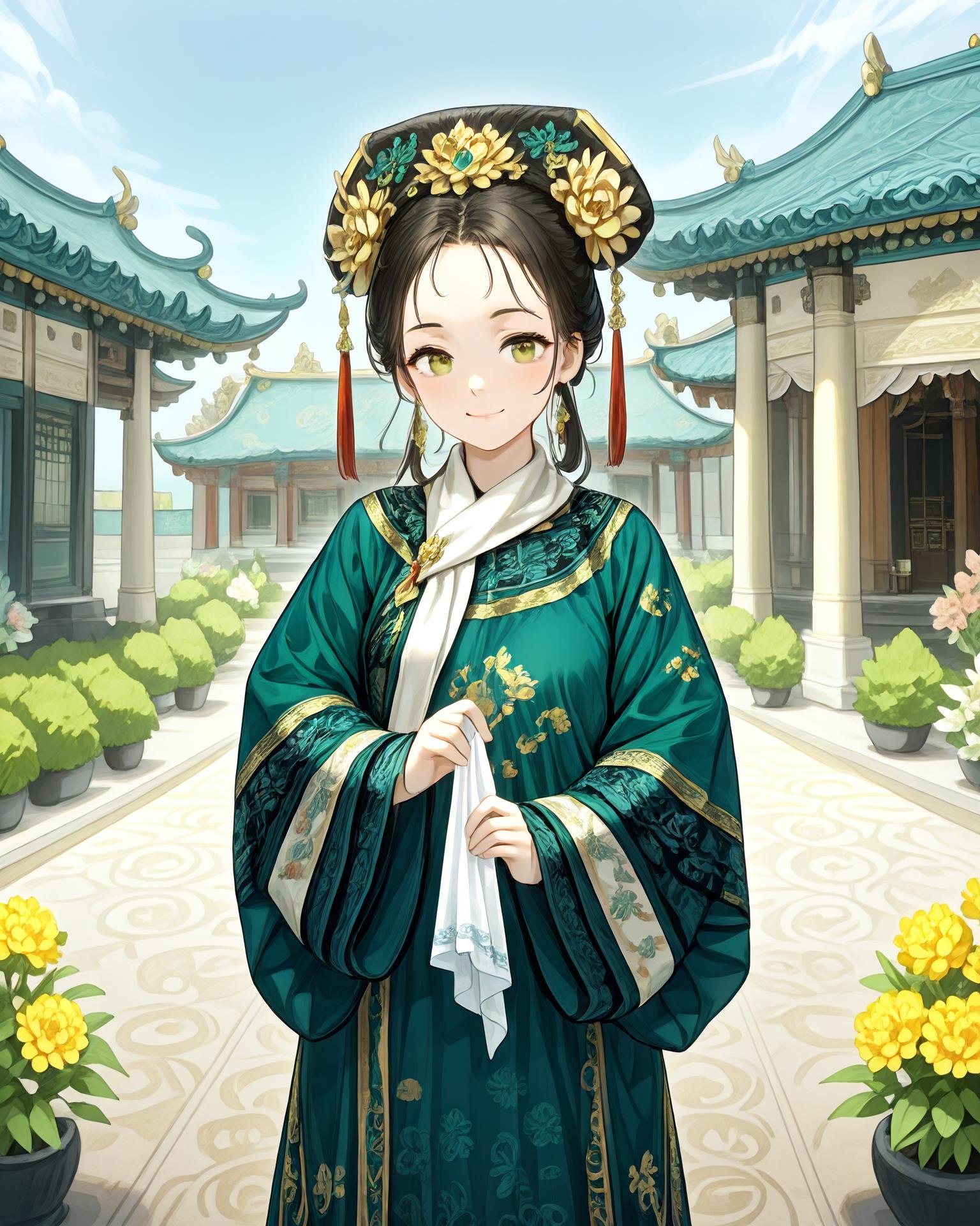 1girl,  qingfaA woman in extremely detailed green and blue qingfa clothing stands in a beautiful palace garden. She is sur...