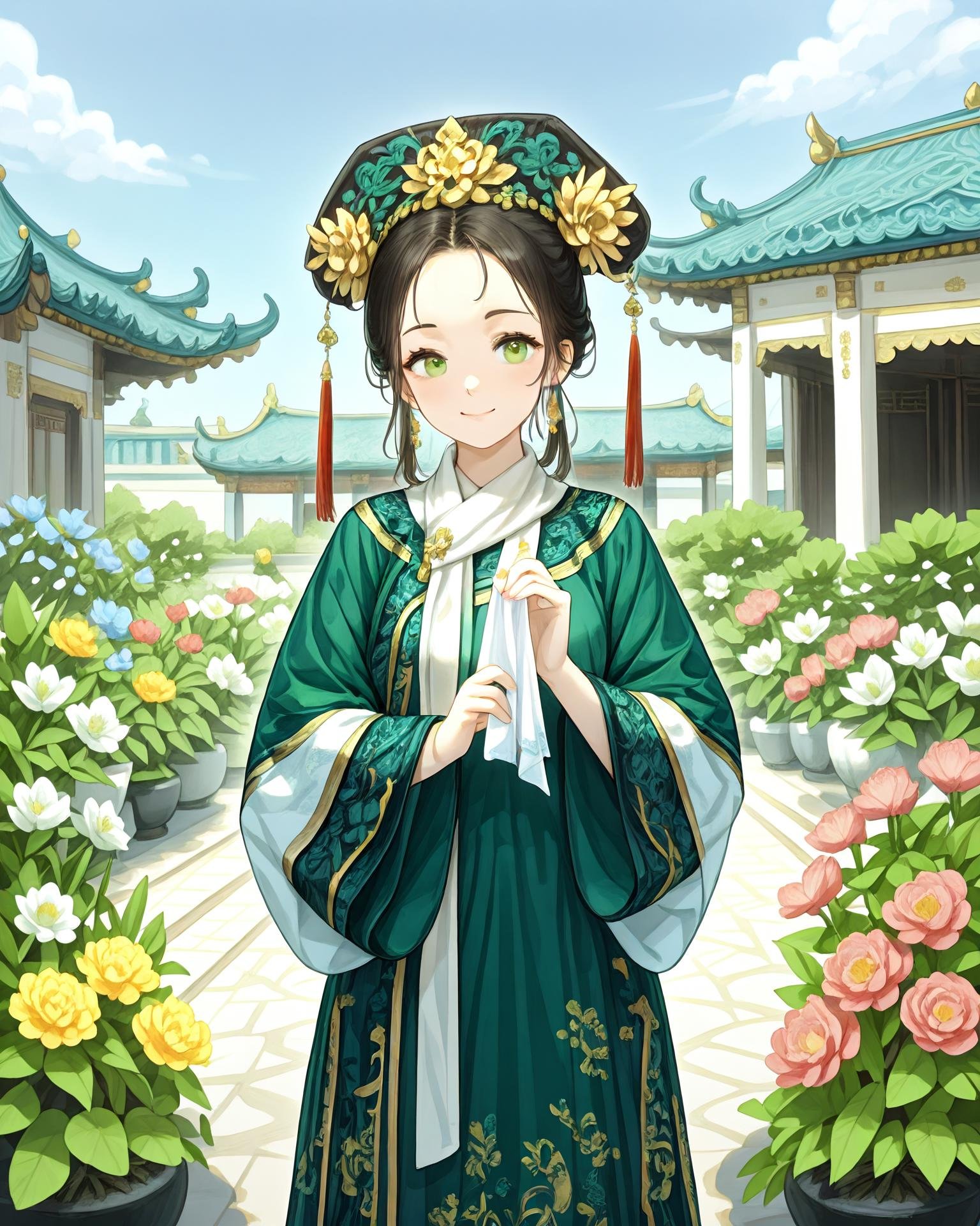 1girl,  qingfaA woman in extremely detailed blue and green qingfa clothing stands in a beautiful palace garden,  surrounde...