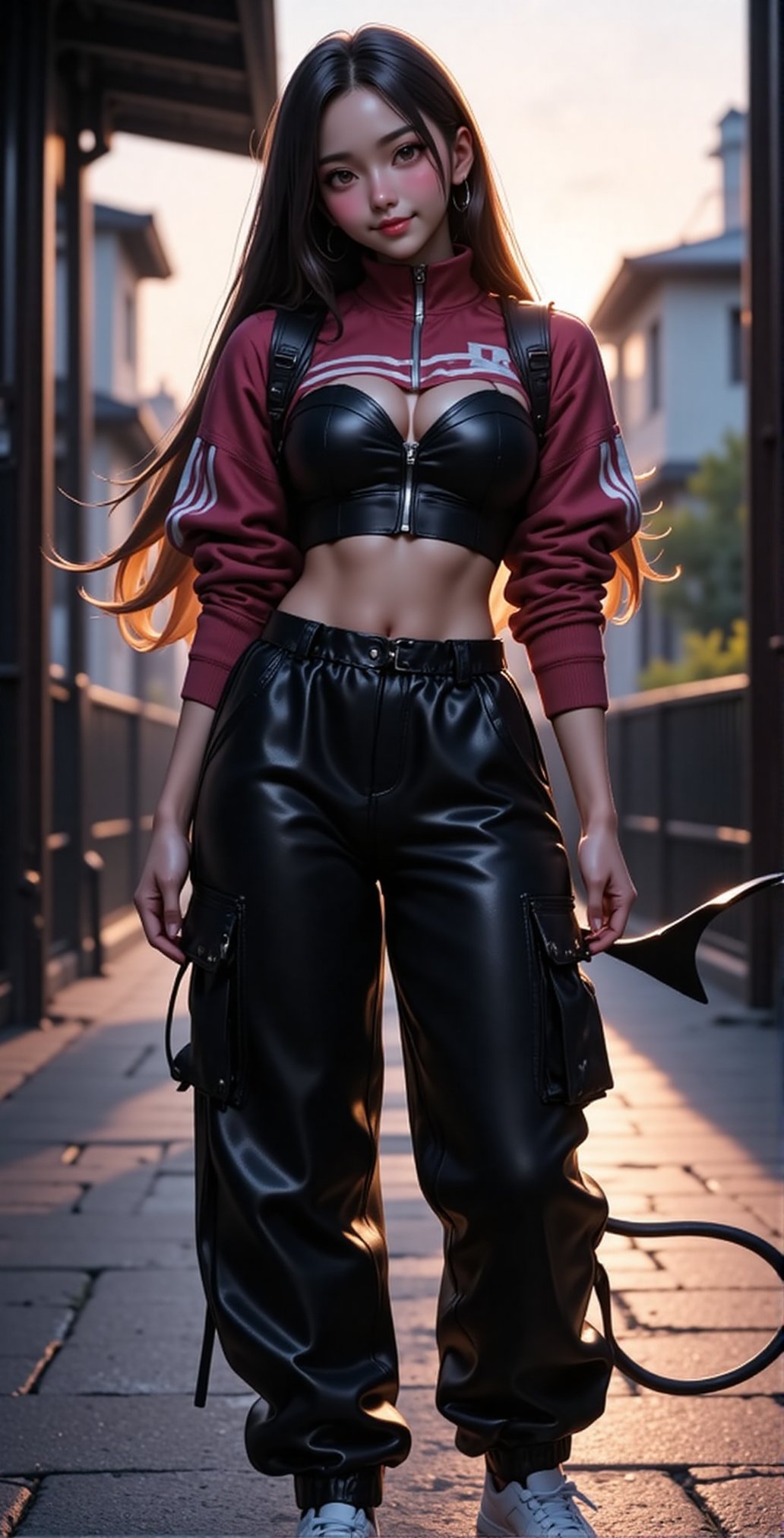 Lala Satalin Deviluke wearing a trendy,  fitted casual outfit: a long-sleeve,  cropped zip-up top with subtle striped deta...