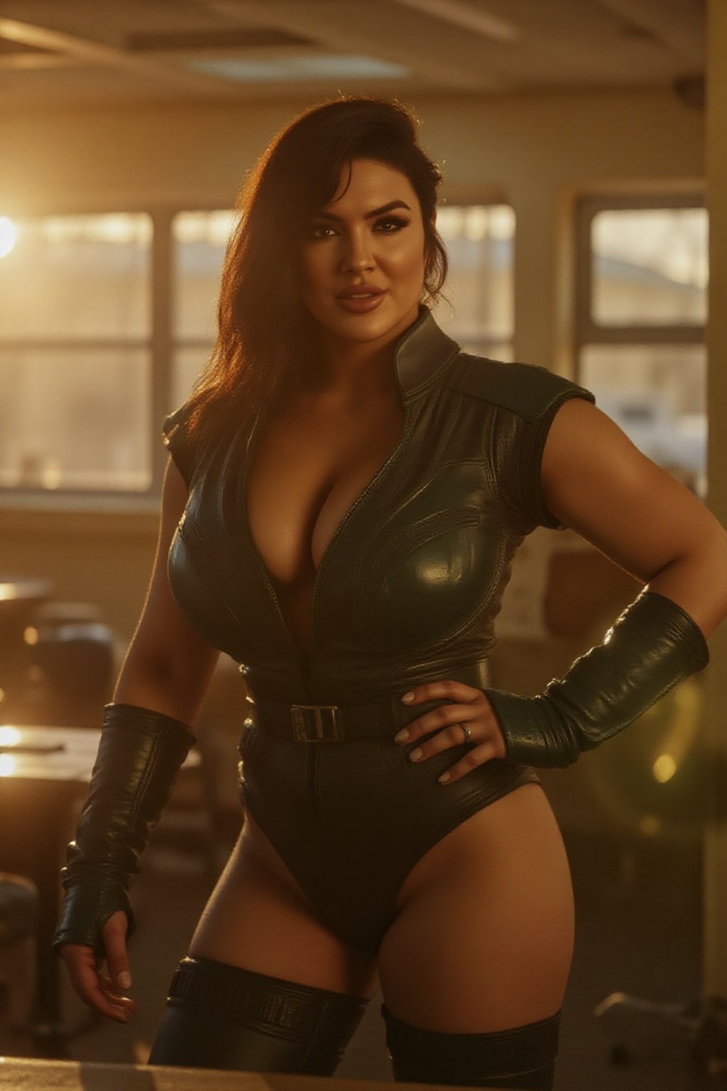 A highly realistic 8k,  HDR photograph captured with a 35mm lens,  featuring Cara Dune in a sexy pose by John Connor on Te...