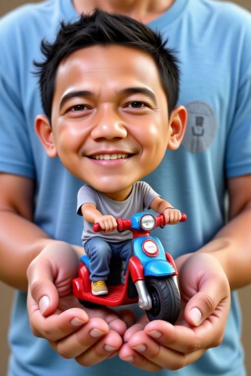 A 3D photorealistic caricature of a boy riding a scooter,  miniaturized and placed inside a Hot Wheels toy packaging. The...