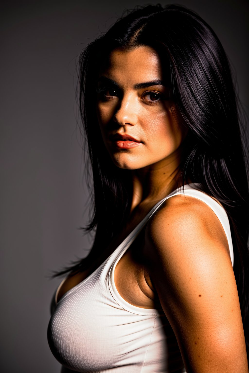 frontal side view portrait photo of Maite Perroni,  36 years old,  wearing white top by MP on Tensor.Art