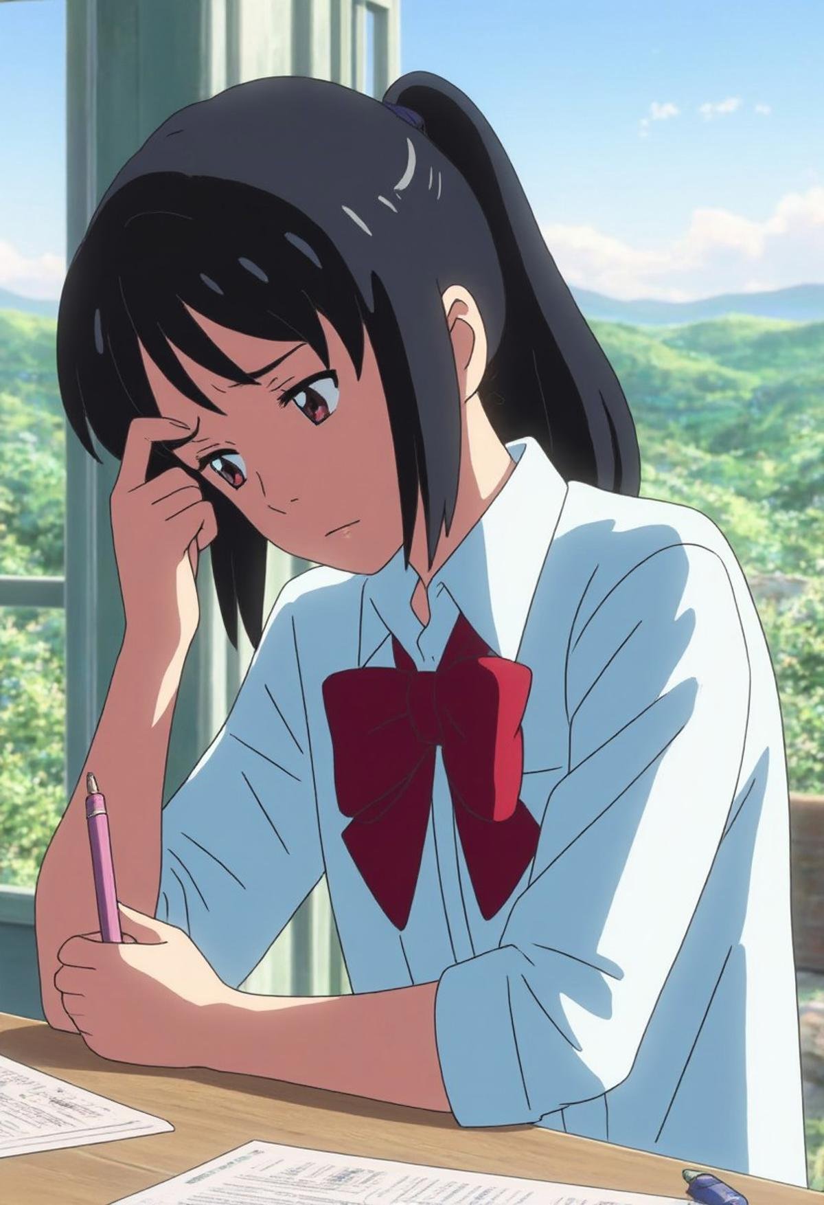 Mitsuha Miyamizu is seated indoors,  deeply focused on something as she furrows her brow in concentration. Her black hair...