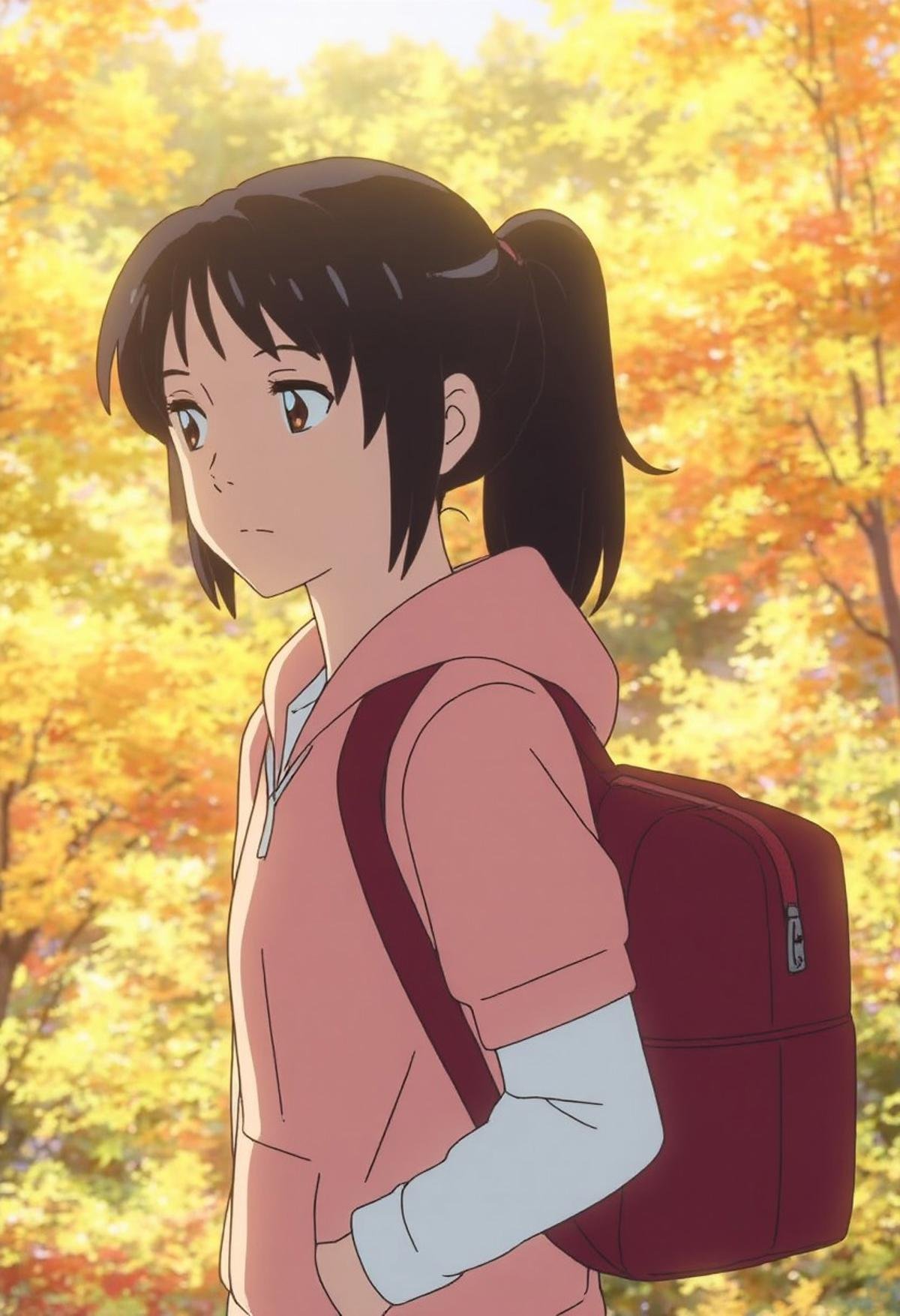 Mitsuha Miyamizu stands outdoors in a serene autumn setting,  her black hair tied up in a ponytail with a few loose strand...