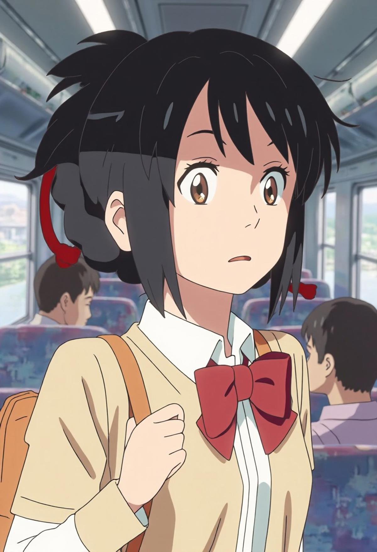 Mitsuha Miyamizu is shown standing in what appears to be a train or other public transport,  her expression one of surpris...