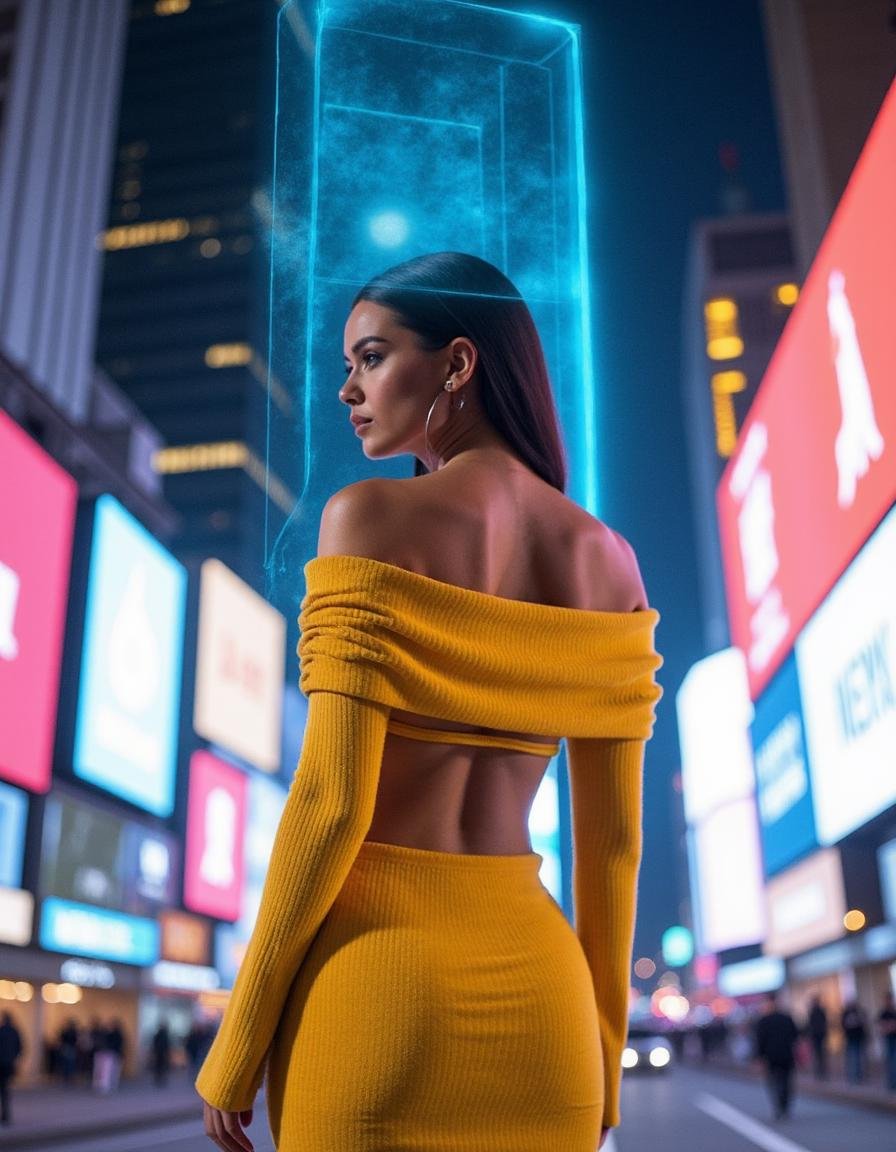 A woman stands on a neon-lit city street,  surrounded by towering skyscrapers and holographic advertisements. She wears a...