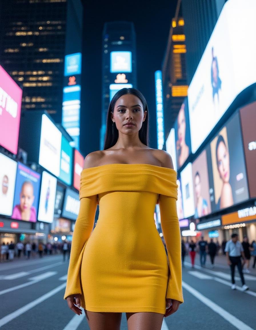 A woman stands on a neon-lit city street,  surrounded by towering skyscrapers and holographic advertisements. She wears a...