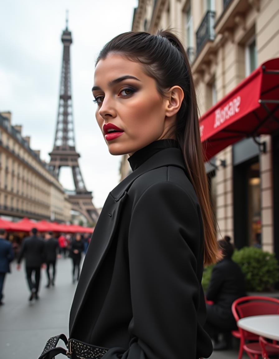 Modern portrait of a Paris fashion lady,  dressed in the latest haute couture with sleek lines and sophisticated details,...