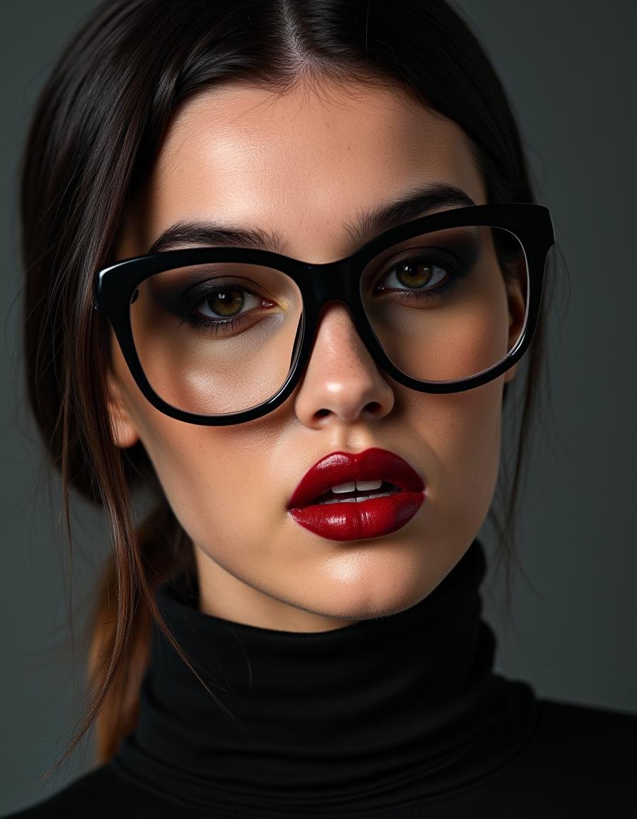 A striking portrait of a woman with piercing eyes and bold,  direct eye contact. She wears natural-looking brick-red lipst...