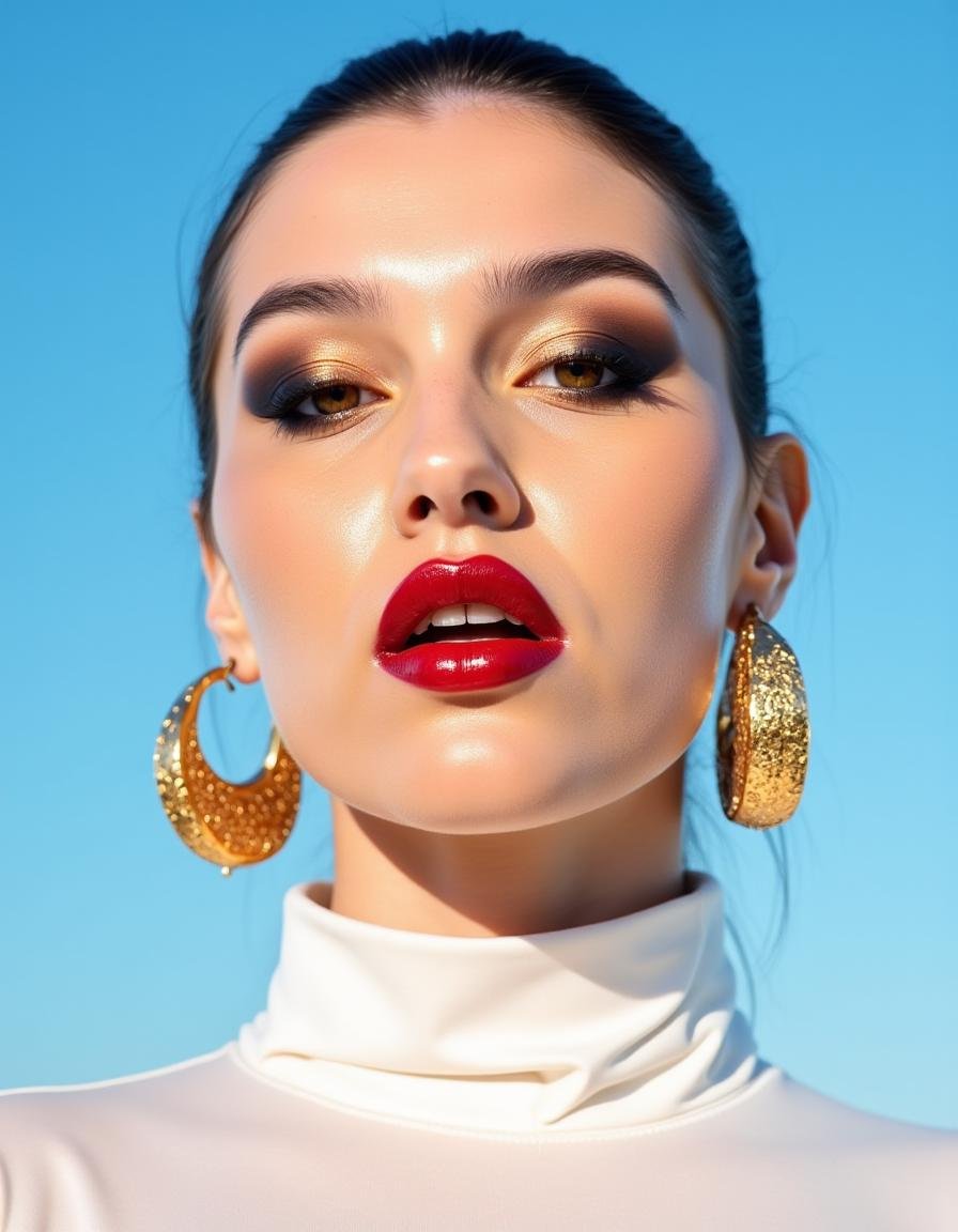A hyper-detailed,  avant-garde photograph featuring a striking woman with pale light skin against a clear,  light blue sky...