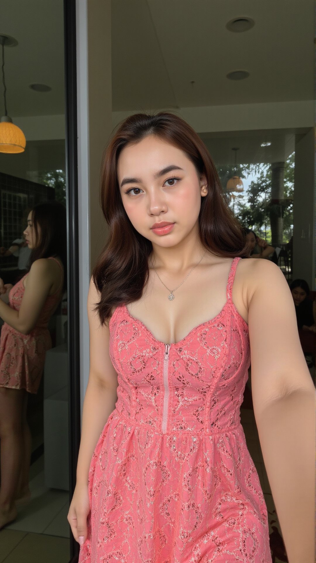 a seductive teen indonesian girl wearing seductive sensual sexy bright slutty micro dress with deep cleavage. She is posin...