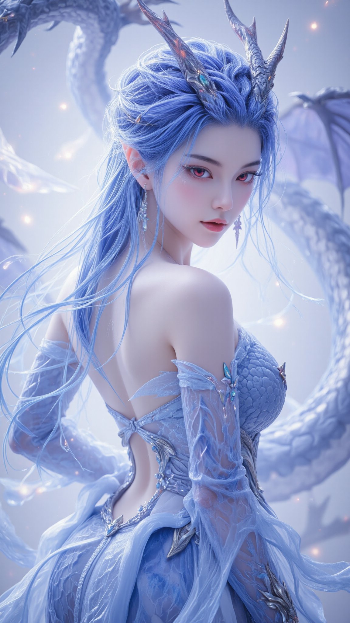 Ao Leun\(hubggirl)\,  A stunning dragon girl poses solo,  her long blue hair cascading down her back as she gazes directly...
