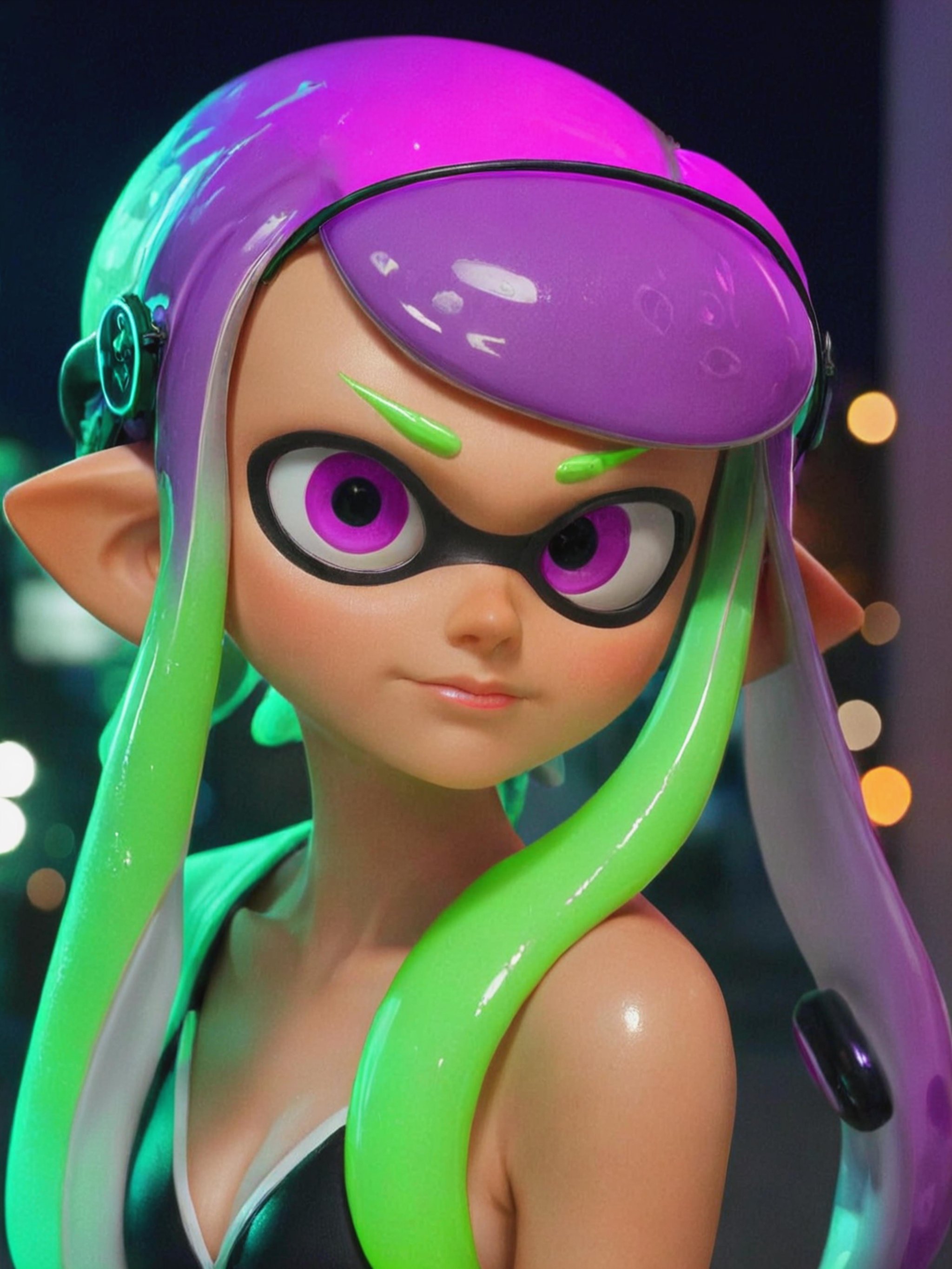 A close-up of an inkling’s face,  green eyes,  purple hair by AIArstChannel on Tensor.Art