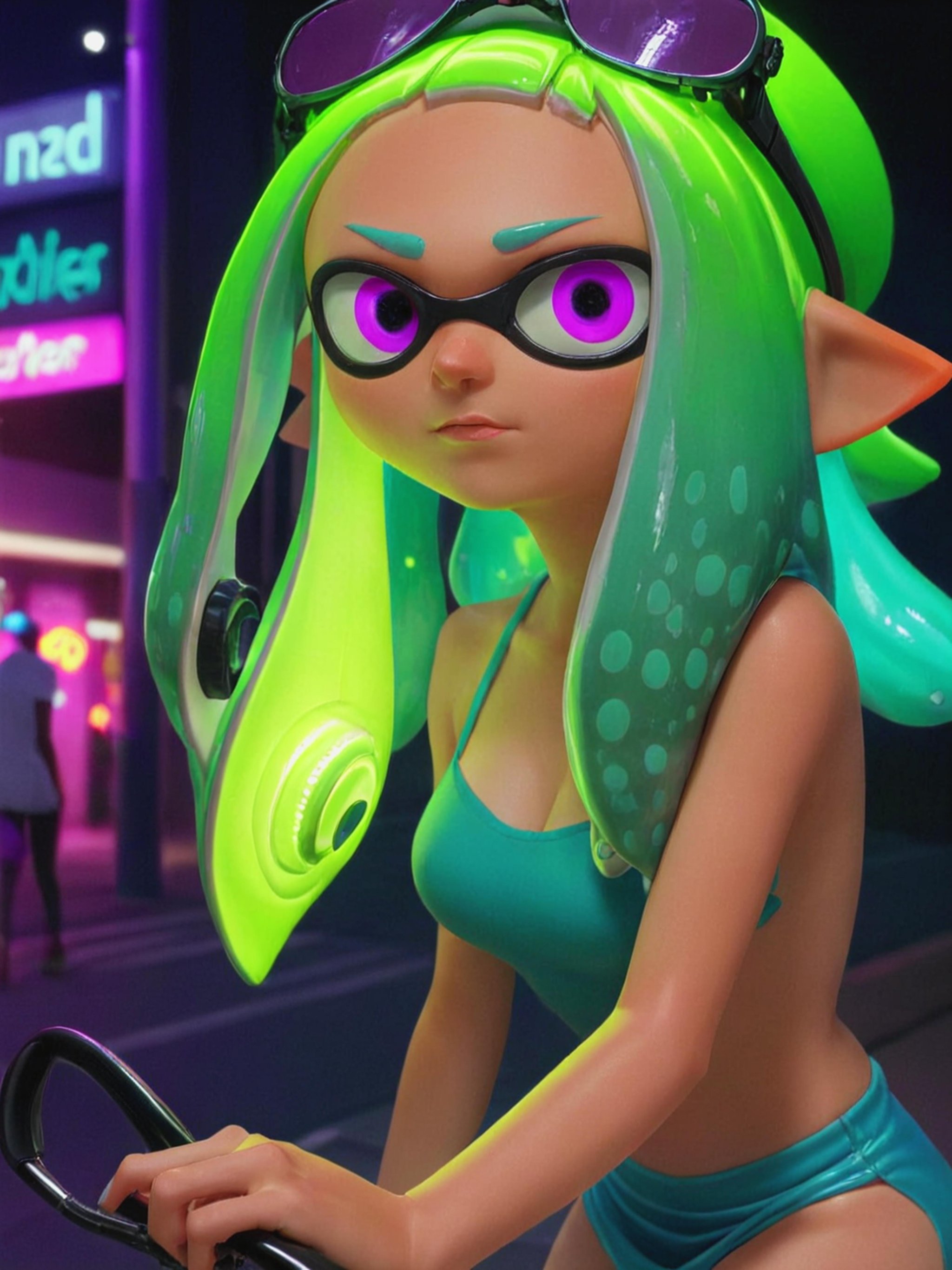 A close-up of an inkling’s face,  green eyes,  purple hair by AIArstChannel on Tensor.Art