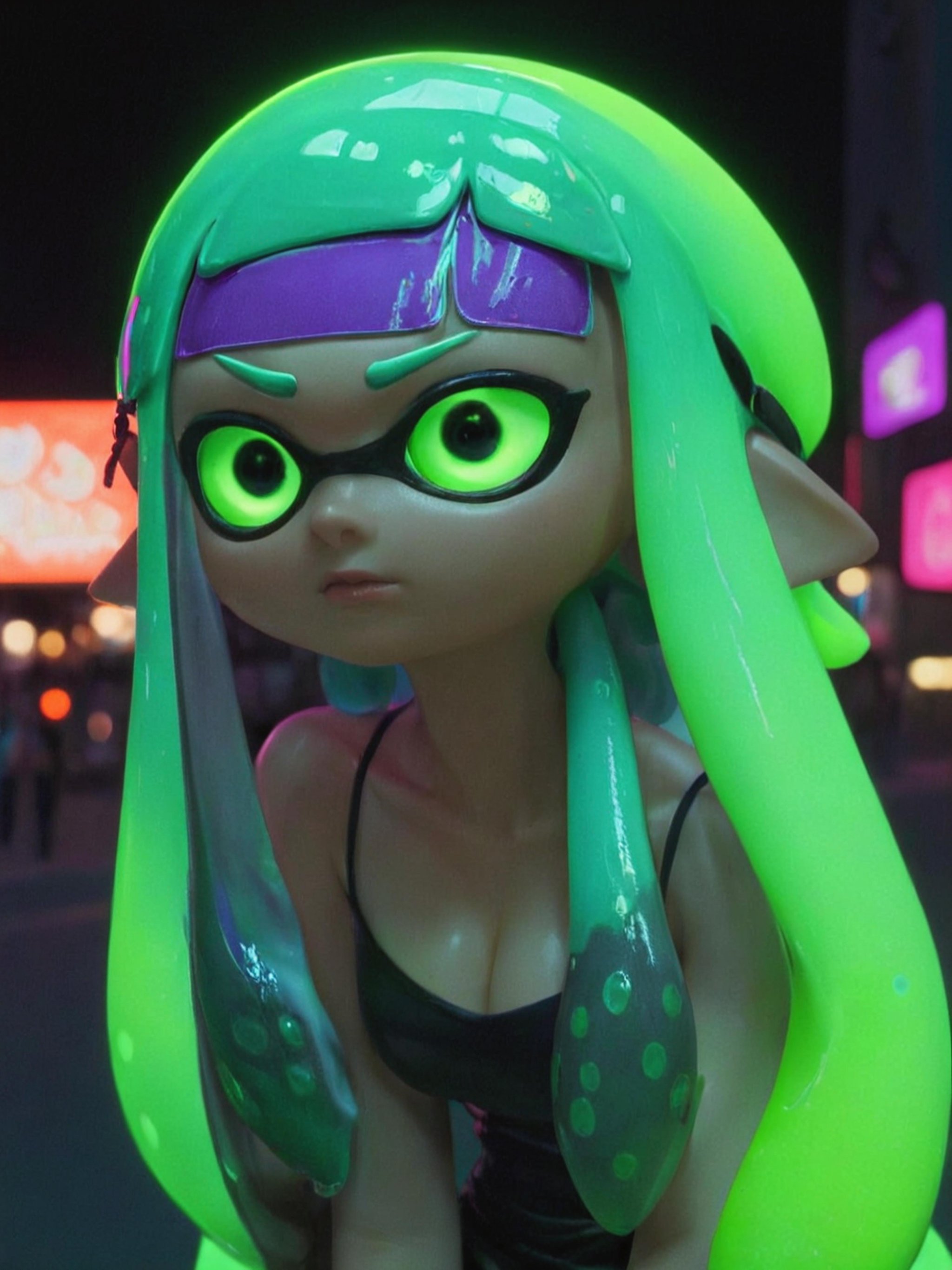 A close-up of an inkling’s face,  green eyes,  purple hair by AIArstChannel on Tensor.Art