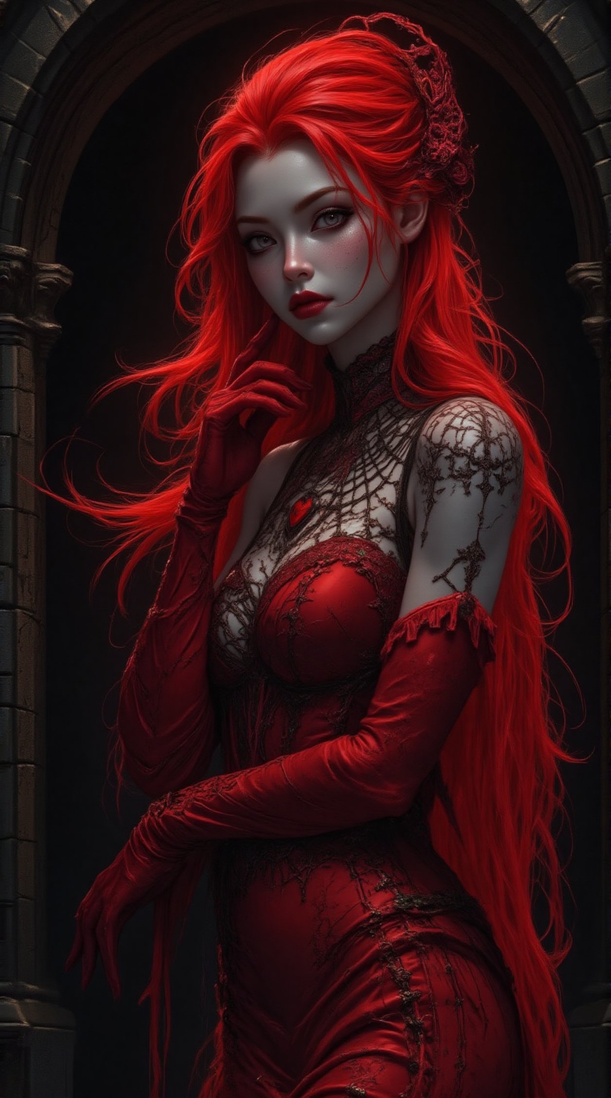 A striking character with vivid red hair that cascades dramatically to the side,  giving a sense of movement and dynamism....