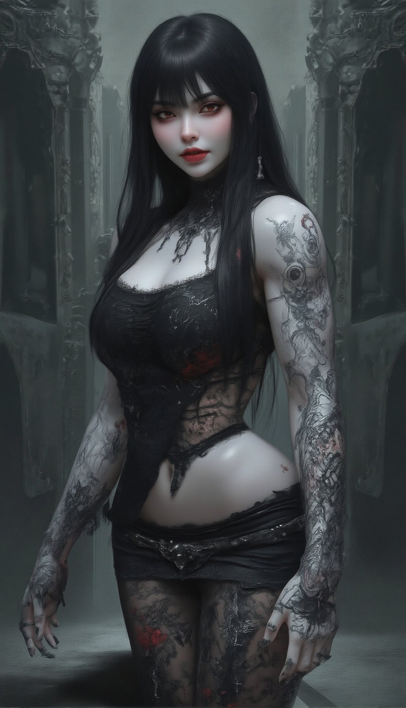 A hyper-realistic portrait of a 28yo goth woman with pale porcelain skin and long raven-black hair,  styled with bangs and...