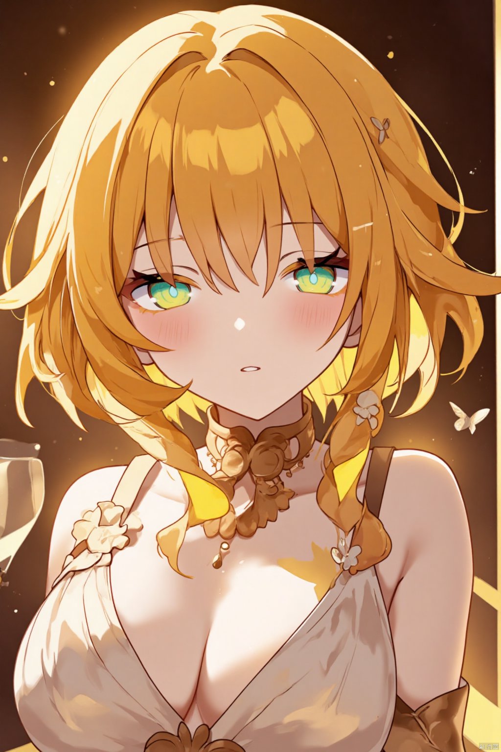Close-up shot of a young woman with striking features: vibrant yellow hair styled in messy bangs,  short and sleek,  frami...