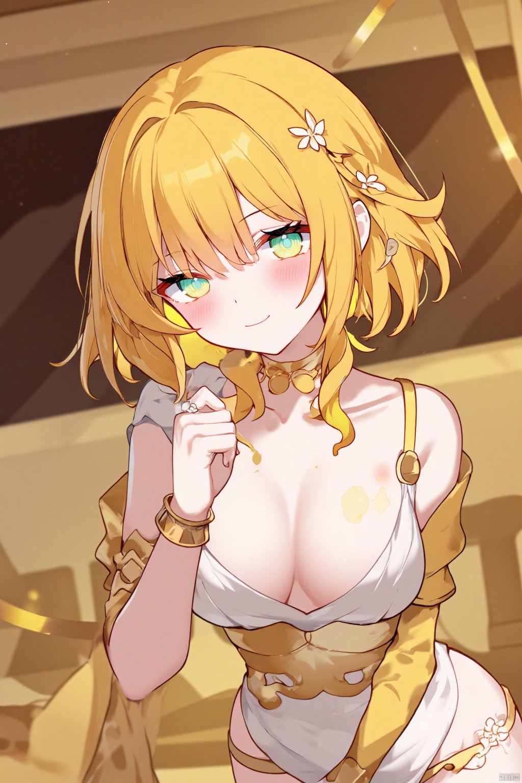 A young woman with short,  bright yellow hair and bangs framing her face,  gazes directly at the camera. She wears a form-...
