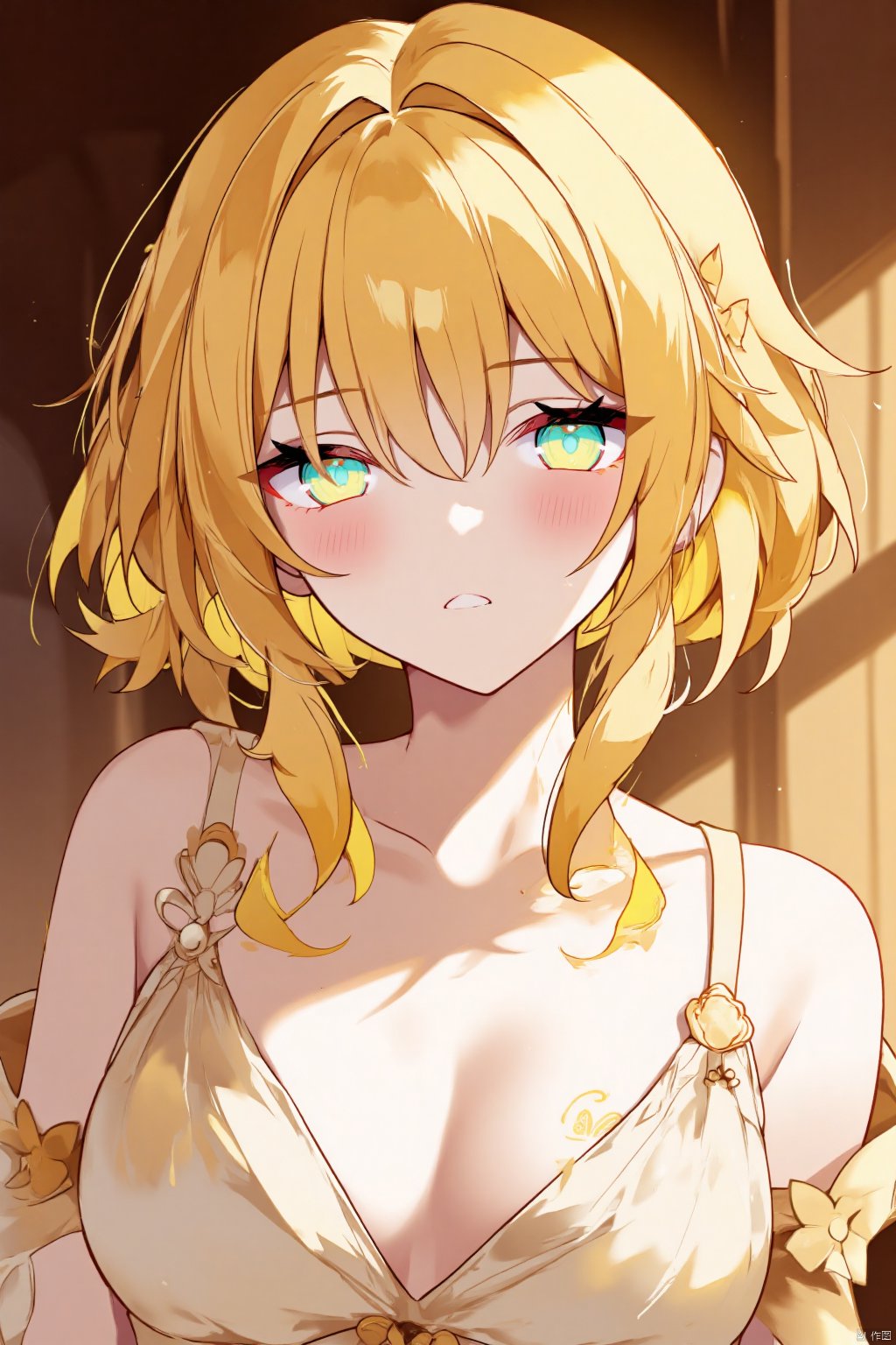 Close-up shot of a young woman with striking features: vibrant yellow hair styled in messy bangs,  short and sleek,  frami...