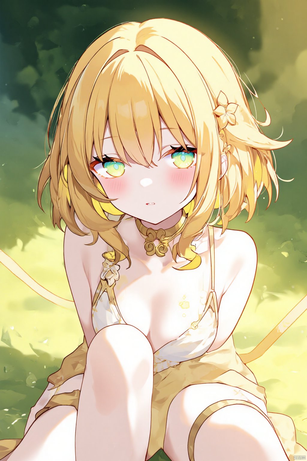 A young woman with striking yellow hair and bangs sits alone on a lush,  emerald-green background. Her bright green eyes s...