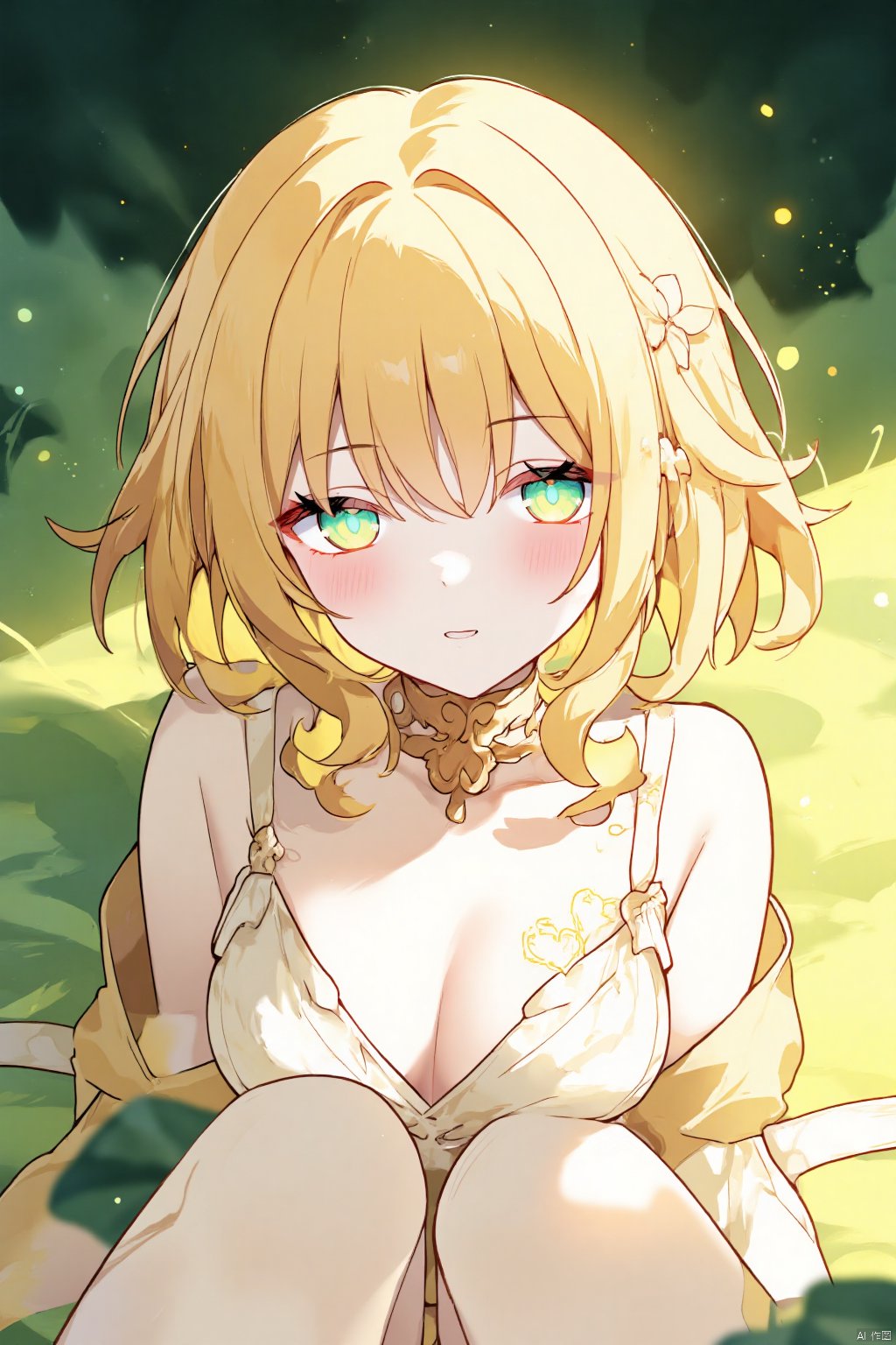 A young woman with striking yellow hair and bangs sits alone on a lush,  emerald-green background. Her bright green eyes s...