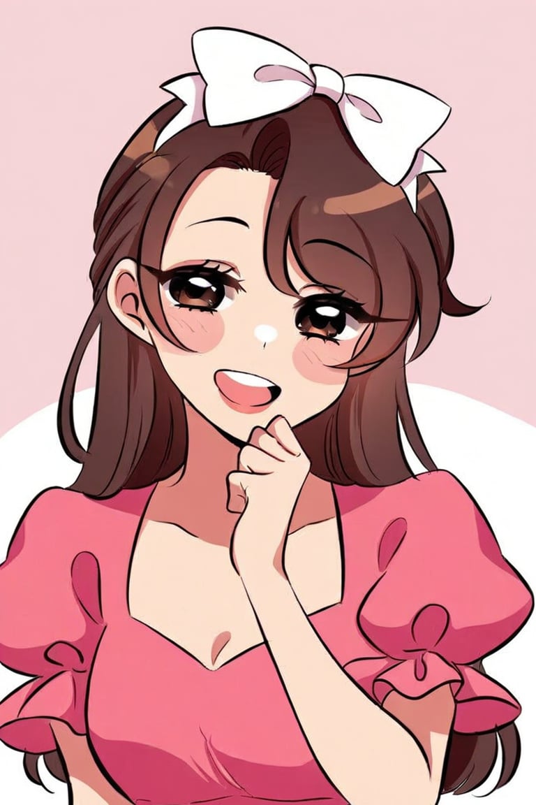 1girl solo long hair breasts looking at viewer blush smile open mouth bangs skirt simple background brown hair shirt white...