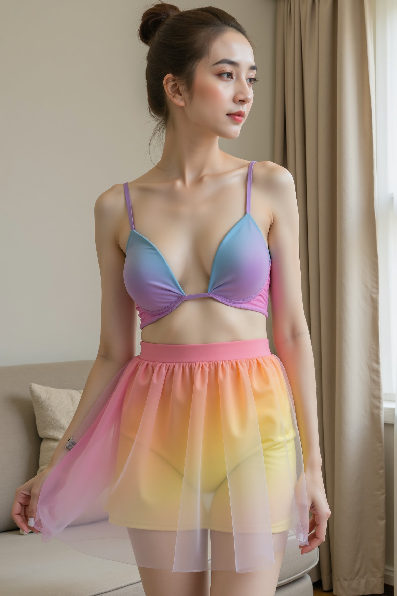 A young slender woman stands gracefully in a softly lit room,  her attention focused forward. She wore a colorful gradient...
