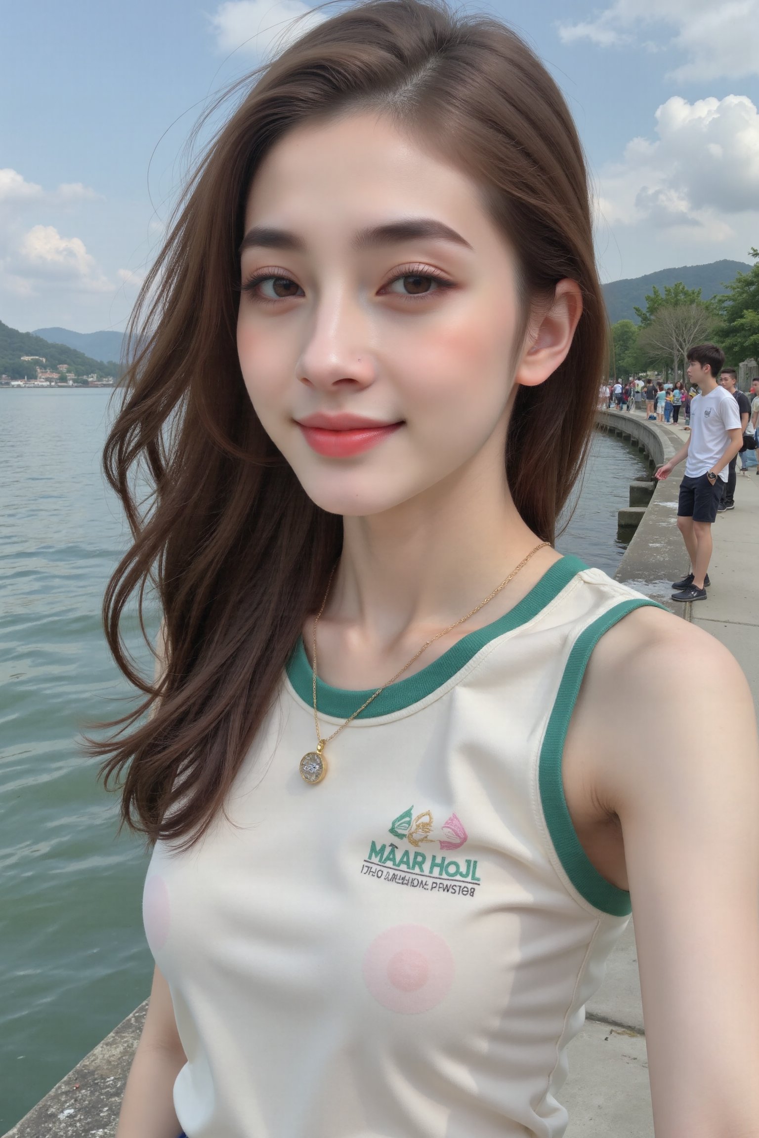 Create a highly detailed and extremely beautiful Korean girl ,  short brown culy brown hair,  cheerful smile by MOLDANMR o...