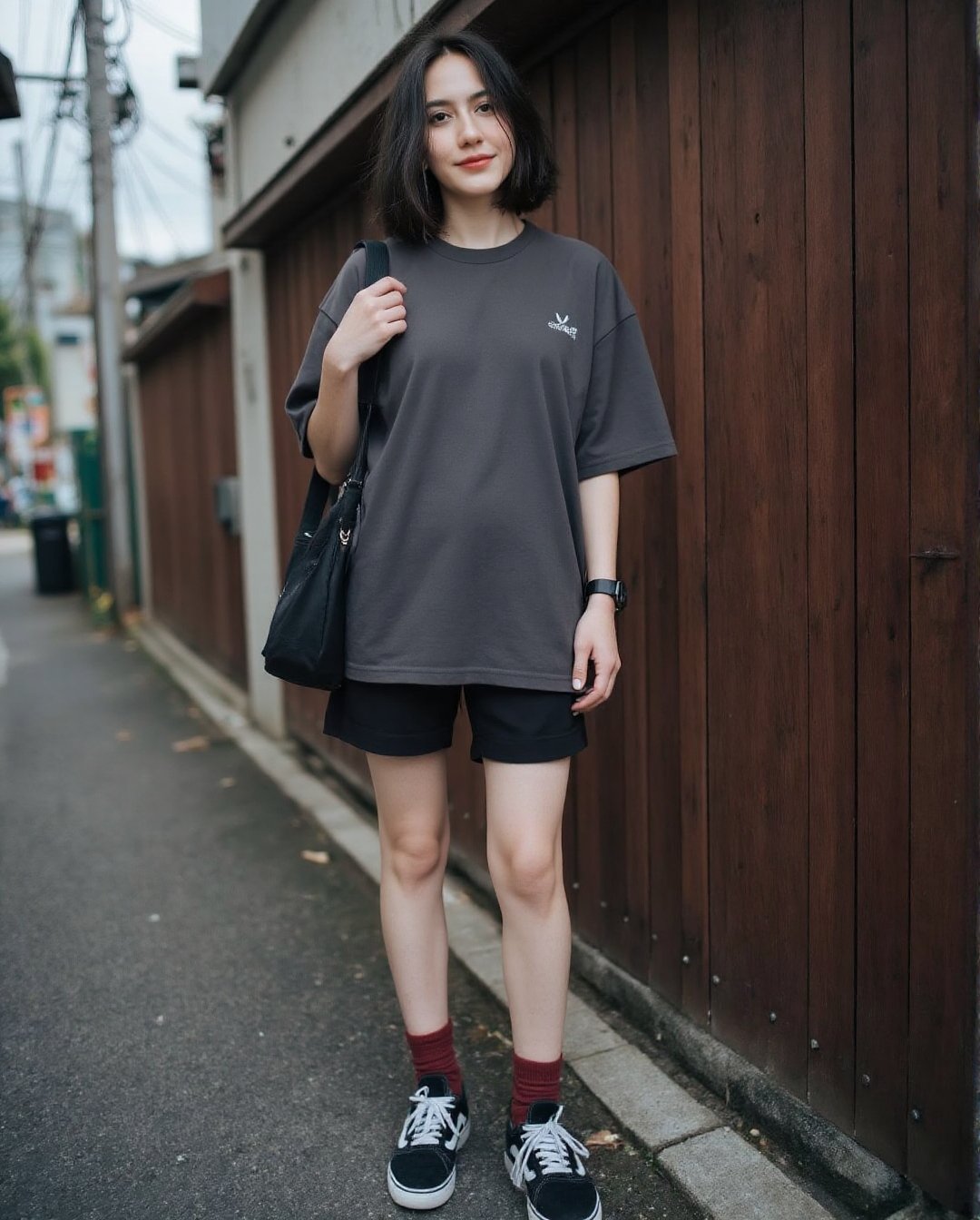 Create a realistic photoshoot for a woman styled in a dark grey oversized short sleeve t-shirt,  black shorts,  red maroon...