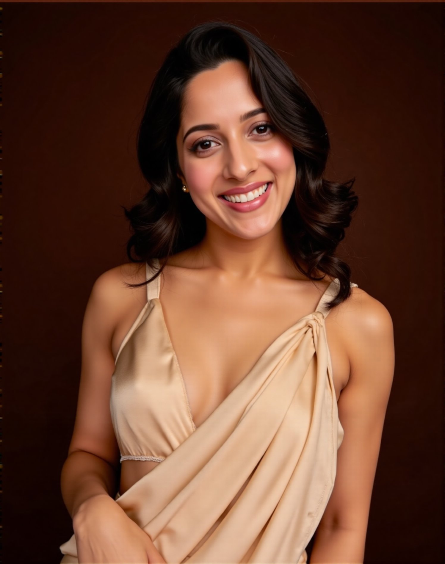 a portrait of a South Asian woman in her 30's with long,  wavy dark brown hair,  styled in loose curls. She has a tanned c...