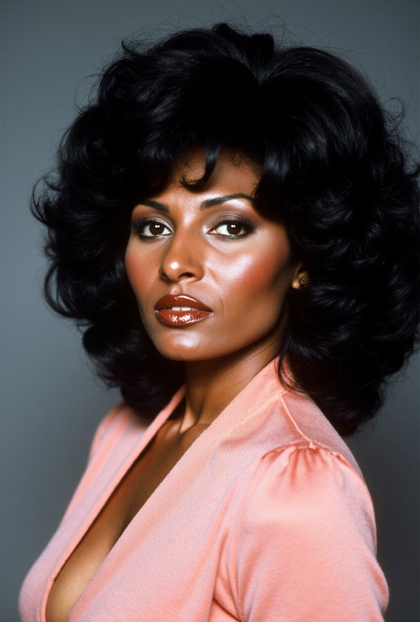 A stunning portrait of Pam Grier,  exuding confidence and timeless beauty. She is captured in a classic studio setting wit...