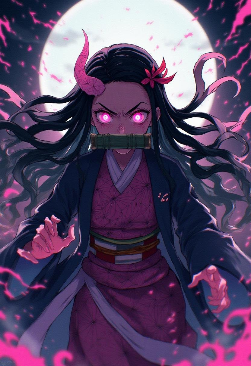 raging nezuko in demon from with bamboo mouth protector under the moon by Kuritsutian on Tensor.Art
