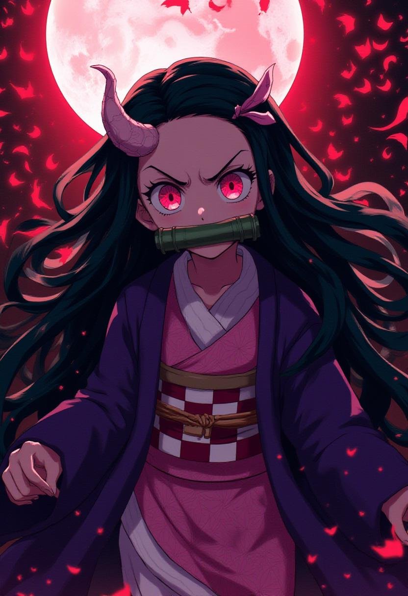 raging nezuko in demon from with bamboo mouth protector under the moon by Kuritsutian on Tensor.Art