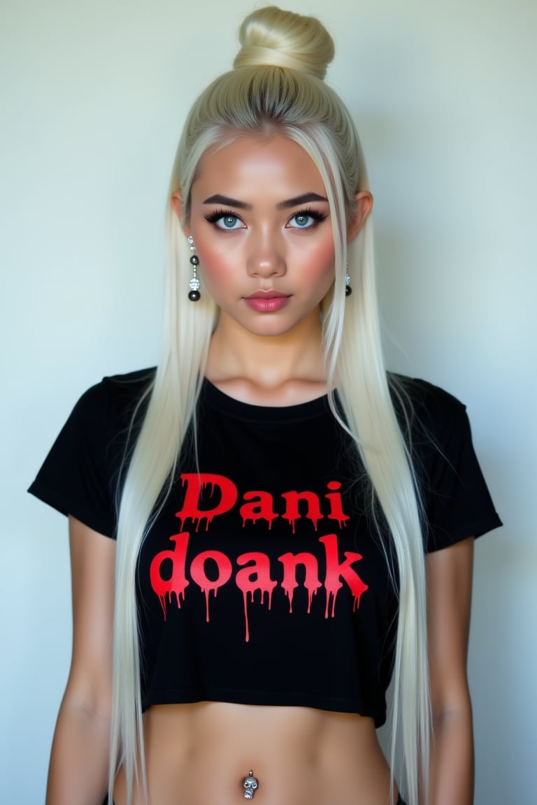 shows an Indonesian girl with long white hair in a bun,  beautiful face,  makeup by D_d on Tensor.Art