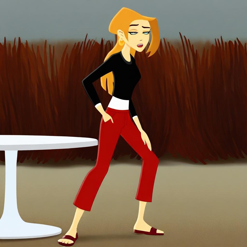 ChaotiKween,  loose-fitting red pants. Her outfit is completed with brown flats. She has a relaxed,  athletic build. She i...