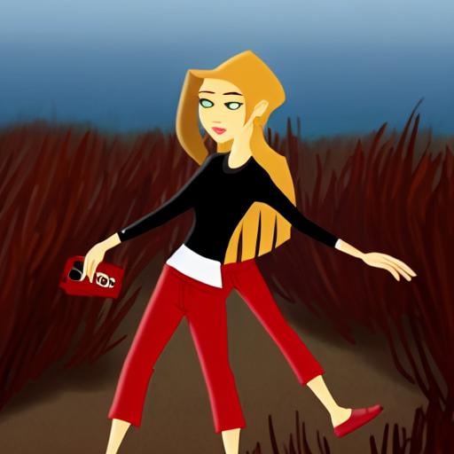 ChaotiKween,  red pants. Her left hand is on her hip,  blonde hair by Wizardludas on Tensor.Art
