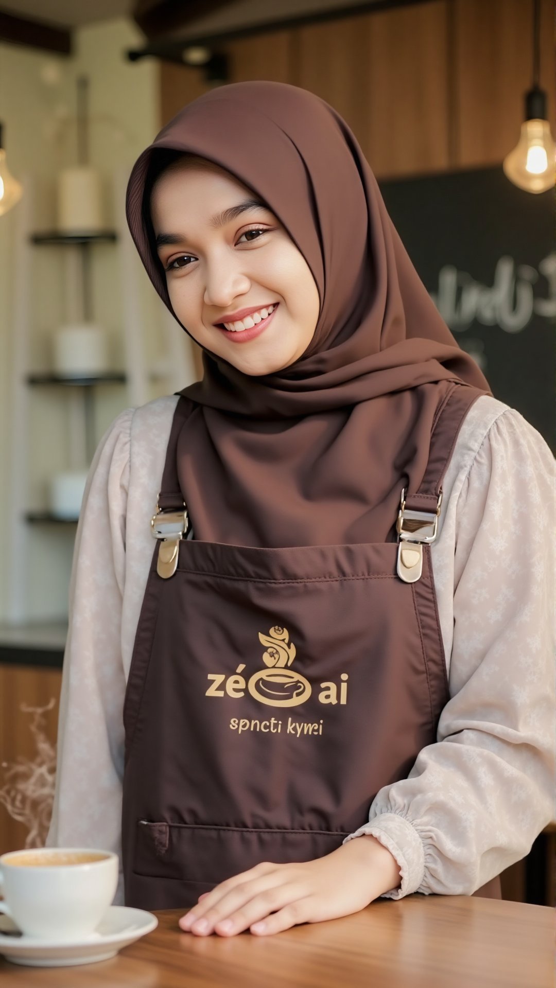A barista at a coffee shop behind the counter. Brown hijab,  Athletic body. Slightly curvy. Warm natural bright lighting....