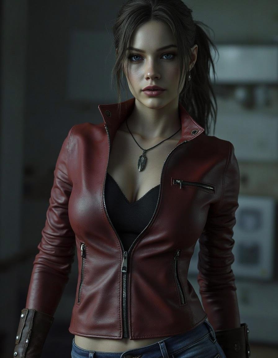 a beautiful female ,  medium breasts,  wearing rugged dark Red leather motorcycle jacket by RDigitalArtist on Tensor.Art