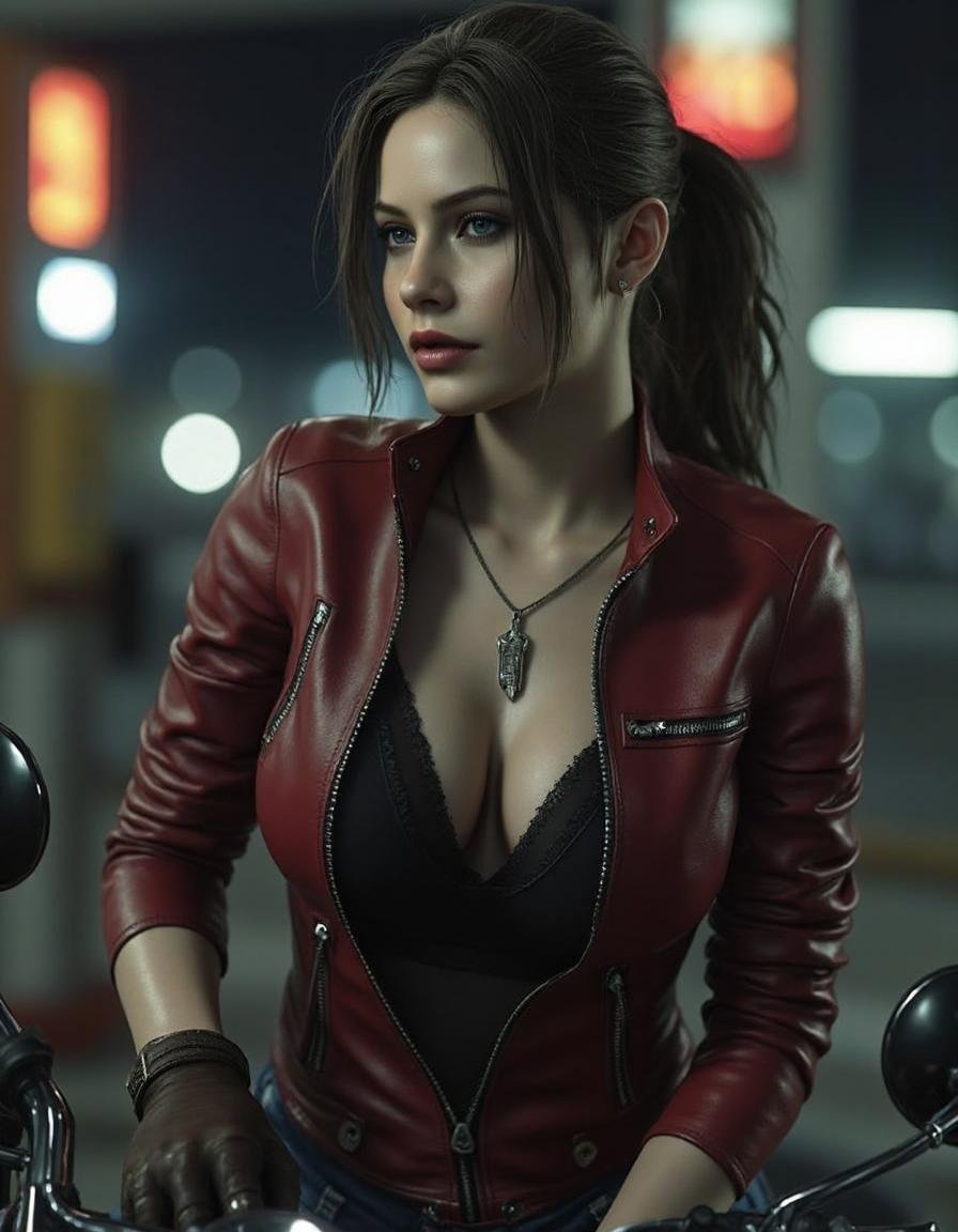 a beautiful female ,  medium breasts,  wearing rugged dark Red leather motorcycle jacket by RDigitalArtist on Tensor.Art