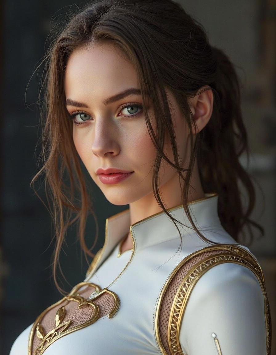a beautiful female ,  wearing a white (((Supergirl))) costume with gold detailing and fishnet side panels,  inspired by ma...