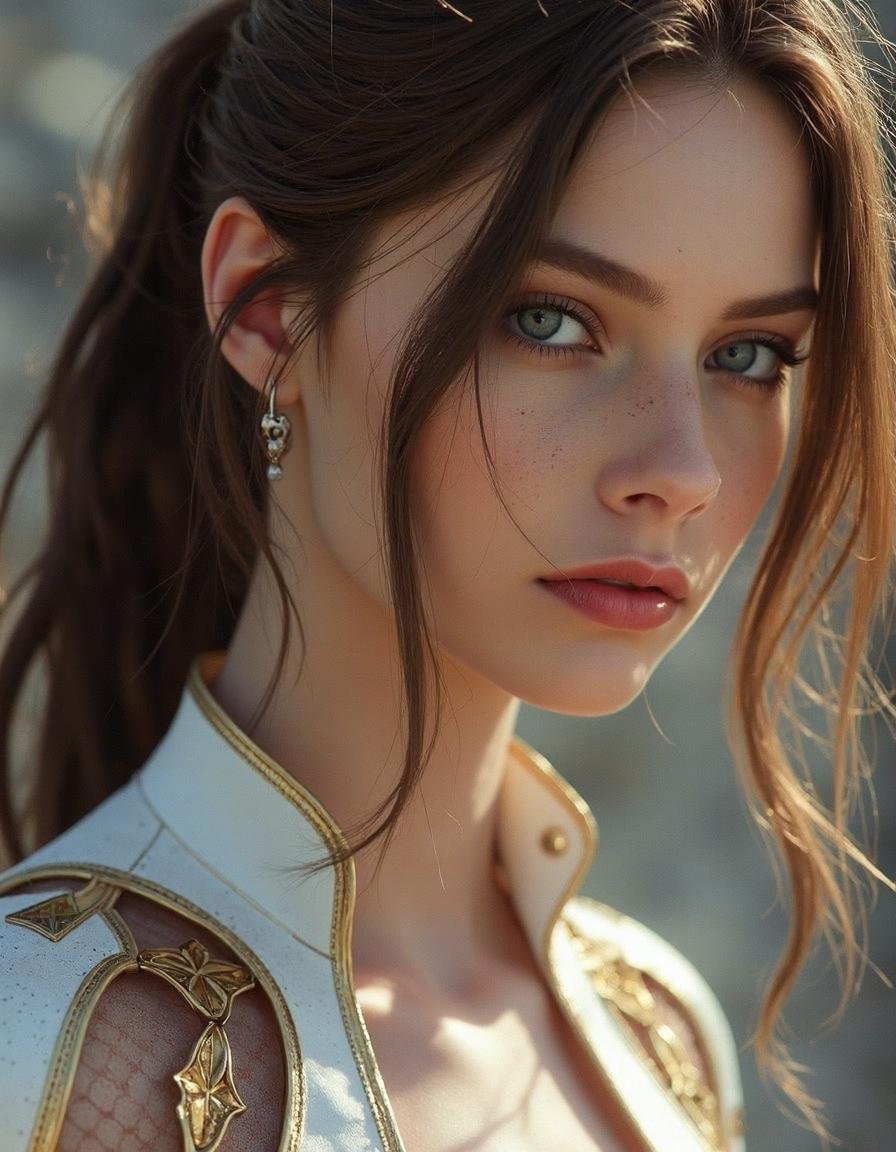 a beautiful female ,  wearing a white (((Supergirl))) costume with gold detailing and fishnet side panels,  inspired by ma...
