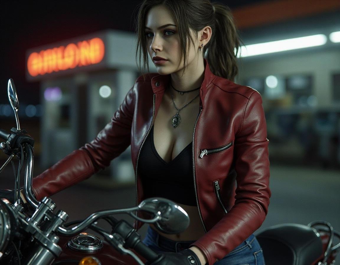 a beautiful female ,  medium breasts,  wearing rugged dark Red leather motorcycle jacket by RDigitalArtist on Tensor.Art