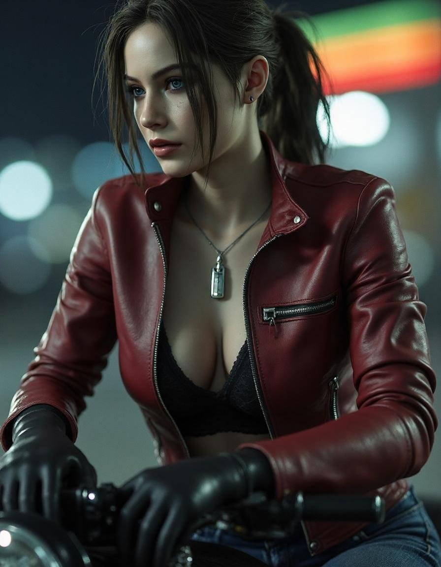 a beautiful female ,  medium breasts,  wearing rugged dark Red leather motorcycle jacket by RDigitalArtist on Tensor.Art