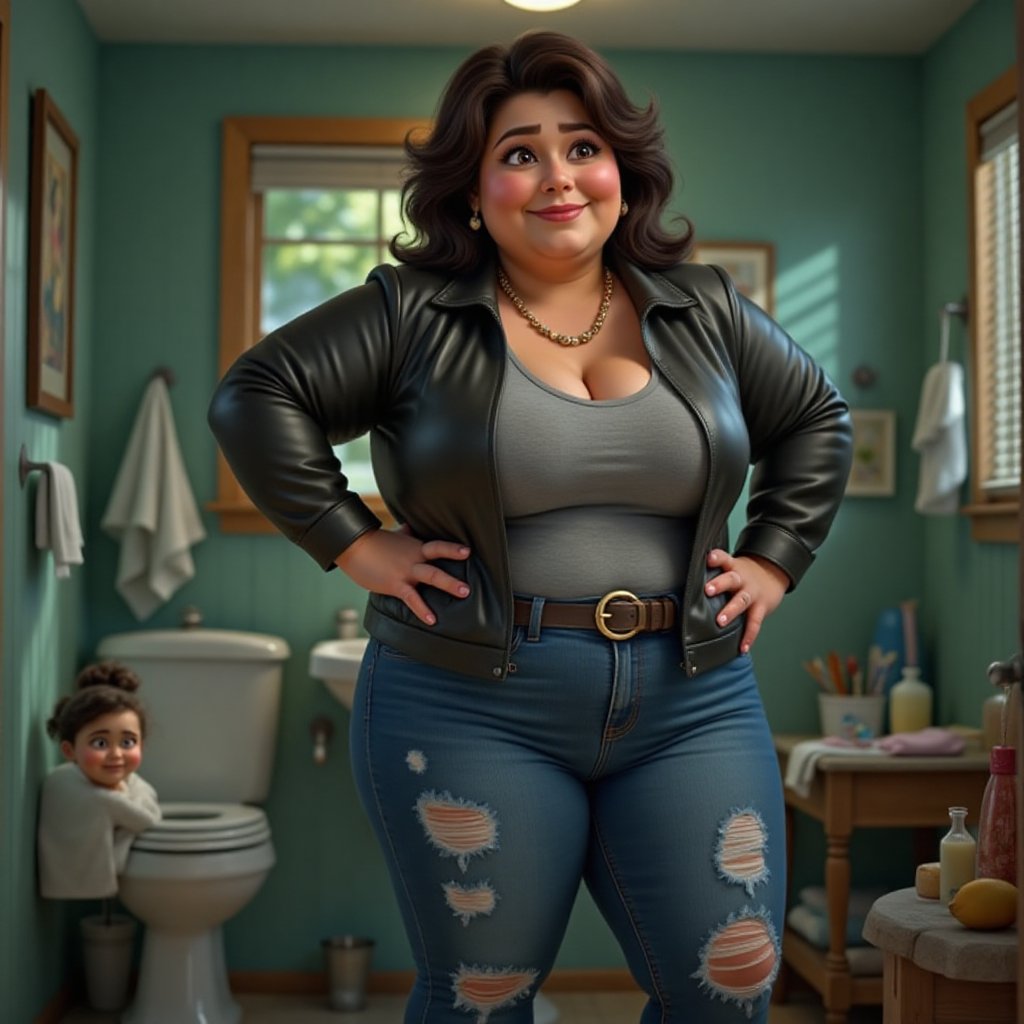 Disney Pixar cartoon. 1girl,  solo,  Medium close shot. Animated. obese middle-aged Pixar woman in horror by user_69703205...