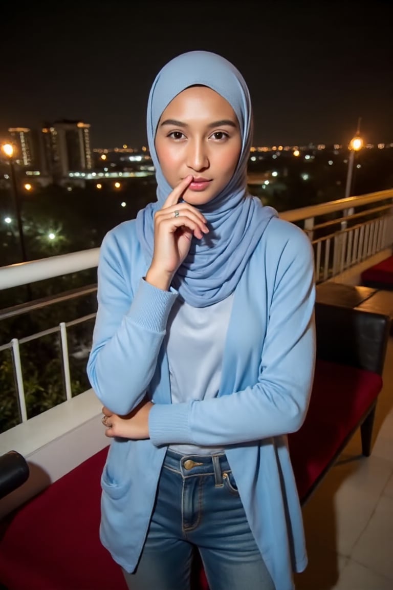 A woman named sesa standing in sexy pose,  finger touch lips,  on the rooftop of a luxurious hotel with charming decoratio...