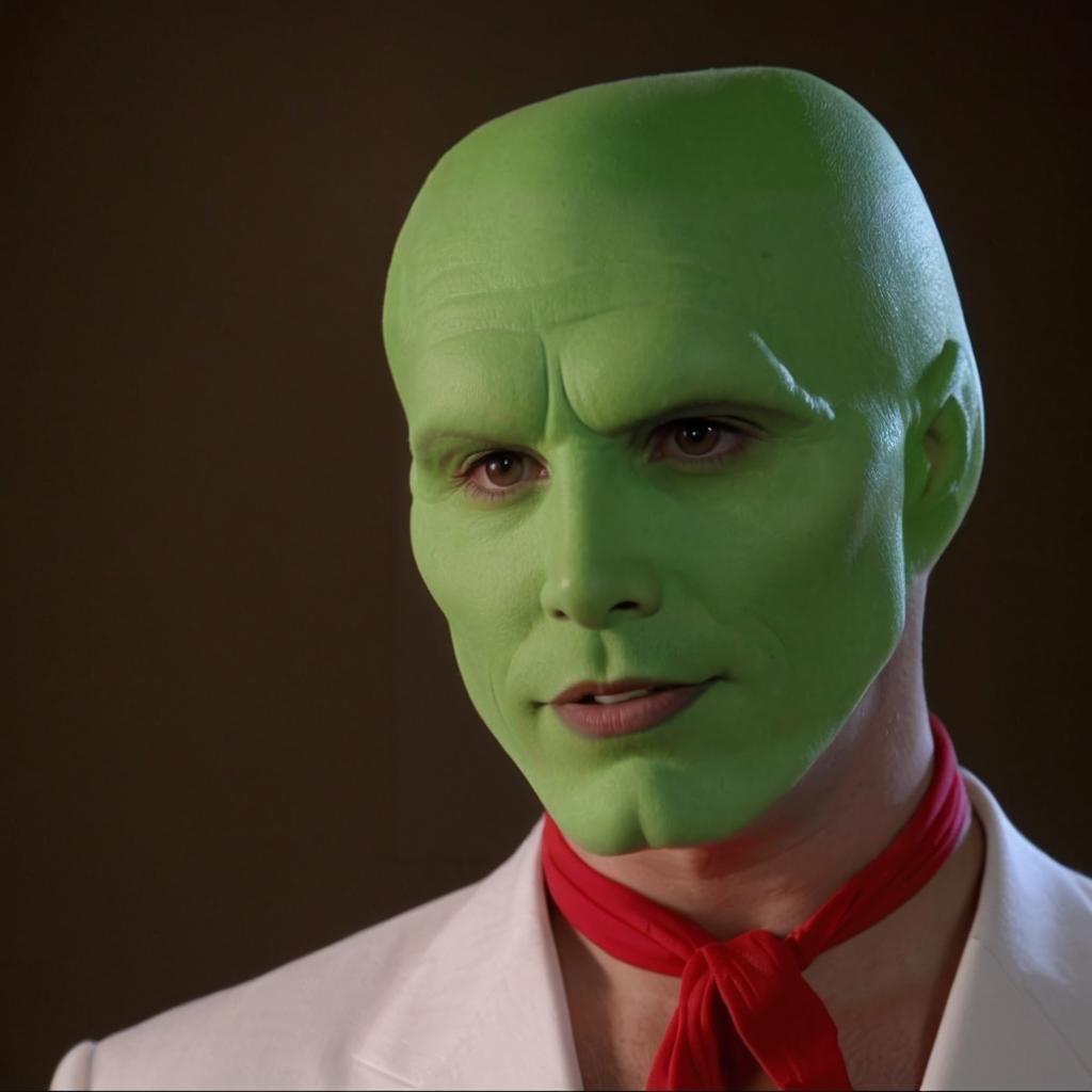 detailed high quality photo of a funny handsome man with a (((green head))),  the_mask,  ZIP2D ziprealism by BigHeadTF on...