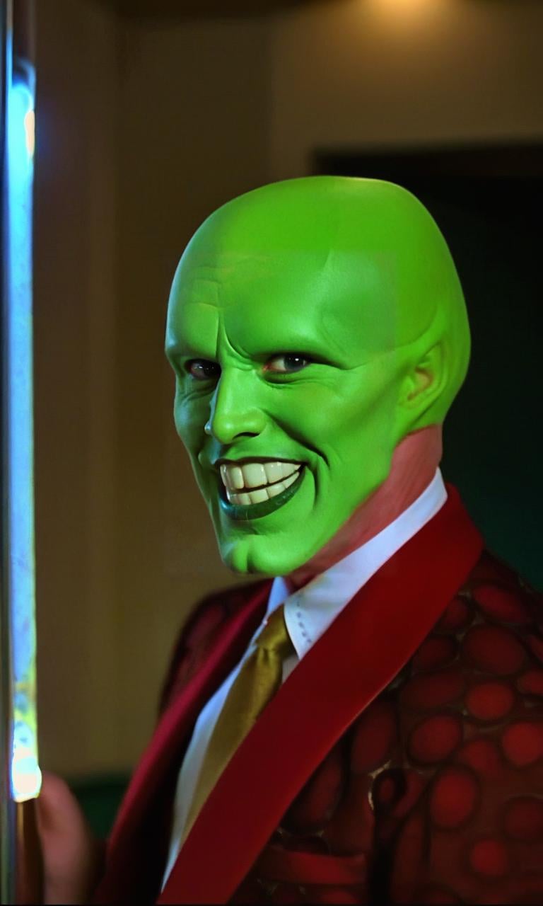 the_mask,  solo photo of a charismatic,  handsome green-skinned young man with an expressive smile by BigHeadTF on Tensor.Art